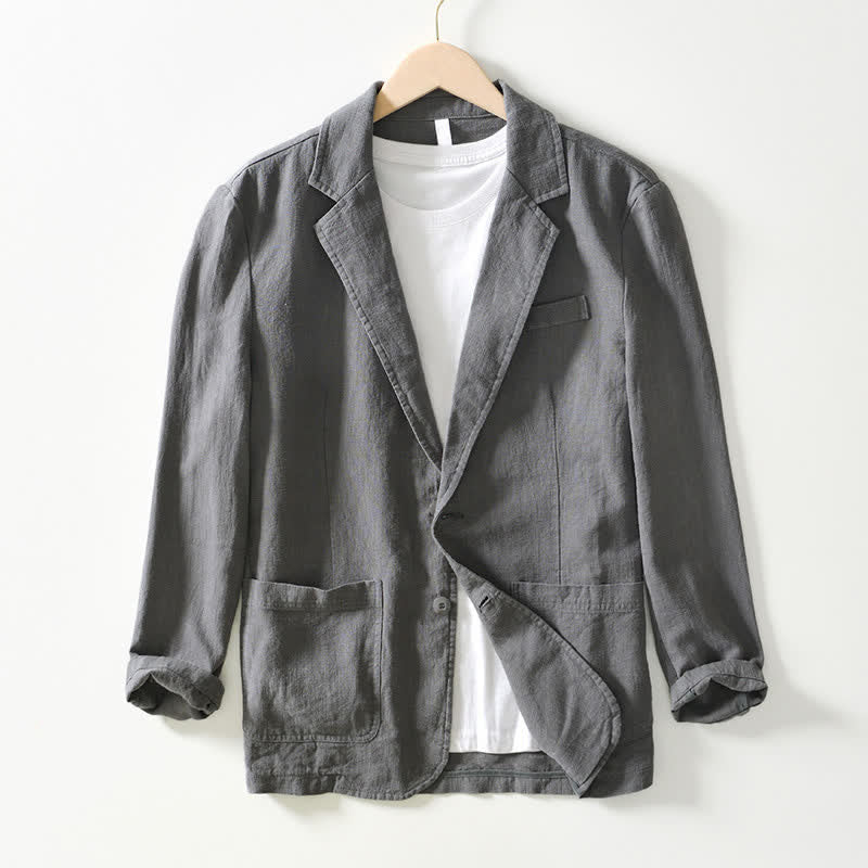 Buddha Stones Veste homme unie en coton ramie, coupe minimaliste, style printemps-automne, avec revers et poches. - Gris terne - US/UK/AU44，EU54 (4XL) - image 0