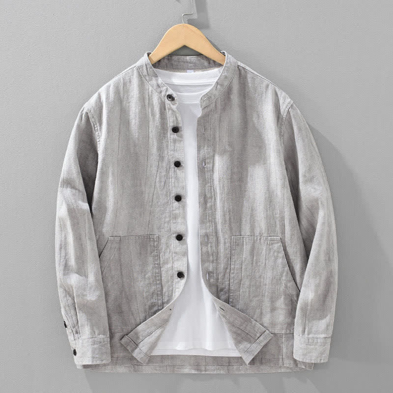 Buddha Stones Veste homme décontractée printemps-automne en coton ramie uni avec poches - Gris clair - US/UK/AU42，EU52 (3XL) - image 13