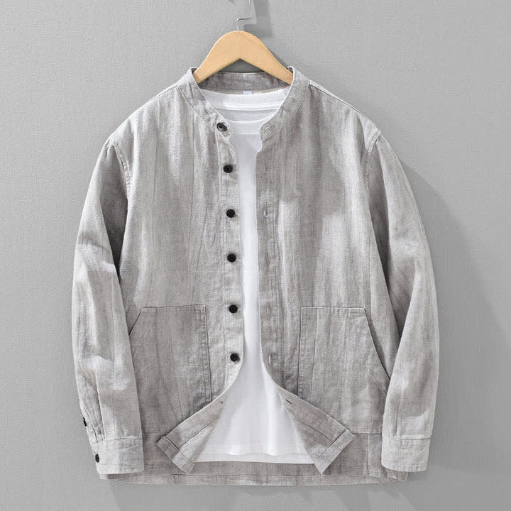 Buddha Stones Veste homme décontractée printemps-automne en coton ramie uni avec poches - Gris clair - US/UK/AU42，EU52 (3XL) - image 13