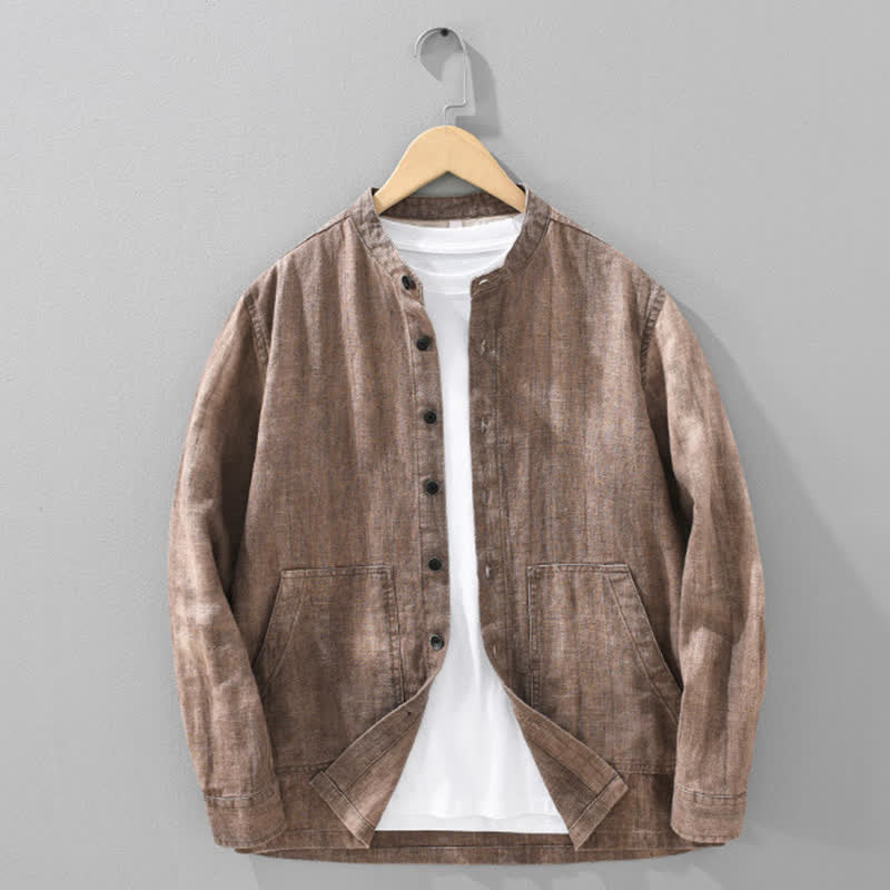 Buddha Stones Veste homme décontractée printemps-automne en coton ramie uni avec poches - Terre de sienne - US/UK/AU42，EU52 (3XL) - image 18