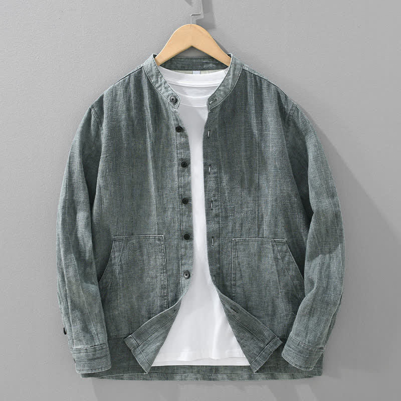 Buddha Stones Veste homme décontractée printemps-automne en coton ramie uni avec poches - Gris foncé - US/UK/AU42，EU52 (3XL) - image 0