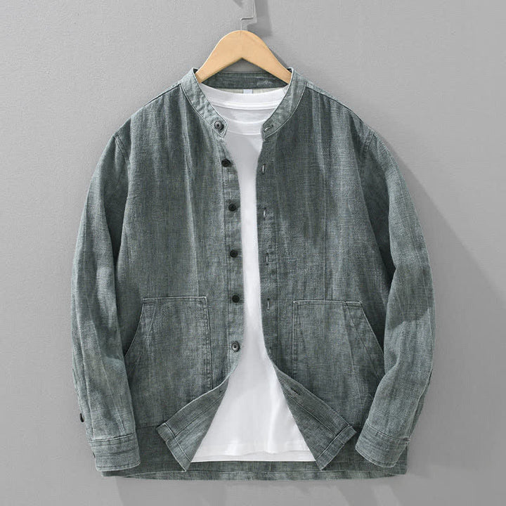 Buddha Stones Veste homme décontractée printemps-automne en coton ramie uni avec poches - Gris foncé - US/UK/AU42，EU52 (3XL) - image 0