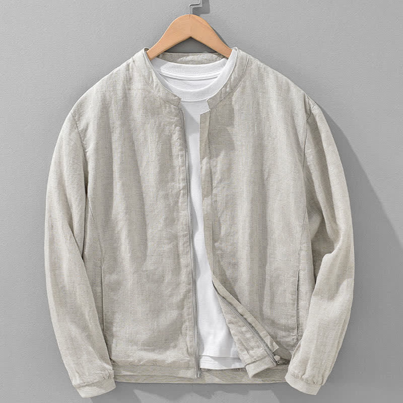 Buddha Stones Veste homme unie à col mandarin, fermeture éclair, poches, style minimaliste et décontracté, idéale pour le printemps et l'été. - Beige - US/UK/AU42，EU52 (3XL) - image 0