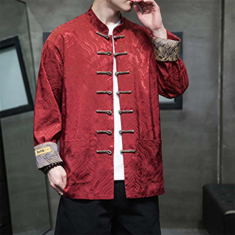Buddha Stones Veste homme élégante style Tang automne-hiver, col mandarin, motif vague abstrait, boutons brandebourg, poches - image 6