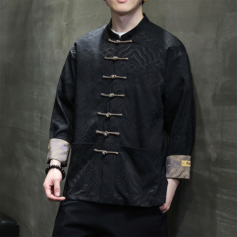Buddha Stones Veste homme élégante style Tang automne-hiver, col mandarin, motif vague abstrait, boutons brandebourg, poches - image 17