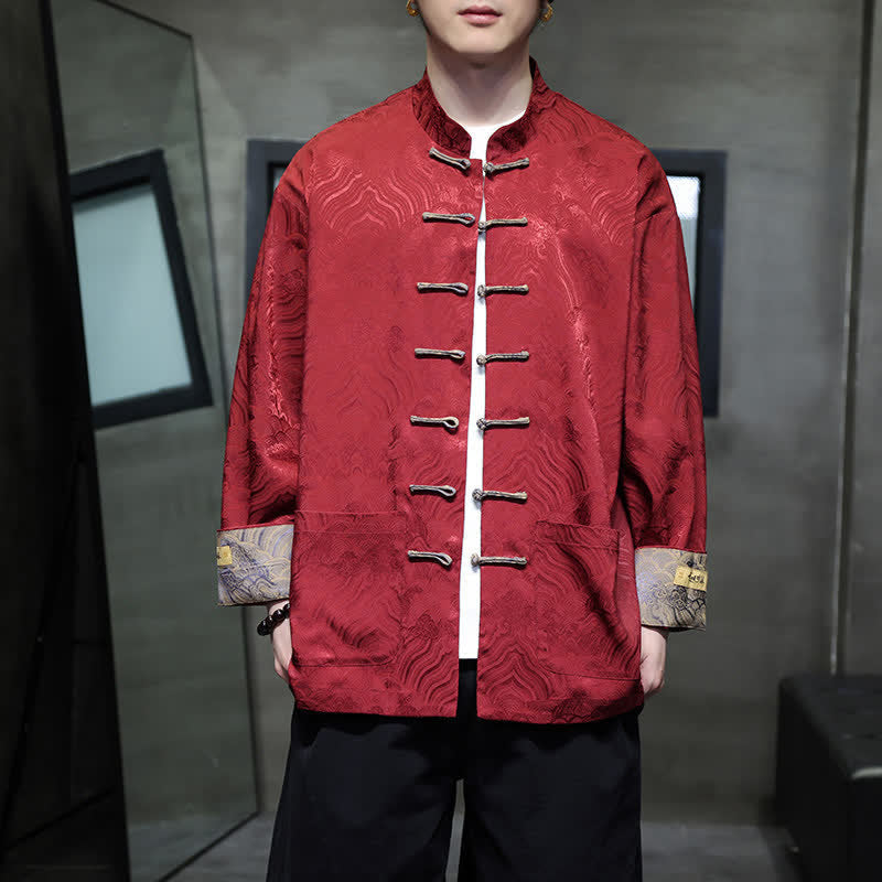 Buddha Stones Veste homme élégante style Tang automne-hiver, col mandarin, motif vague abstrait, boutons brandebourg, poches - image 5