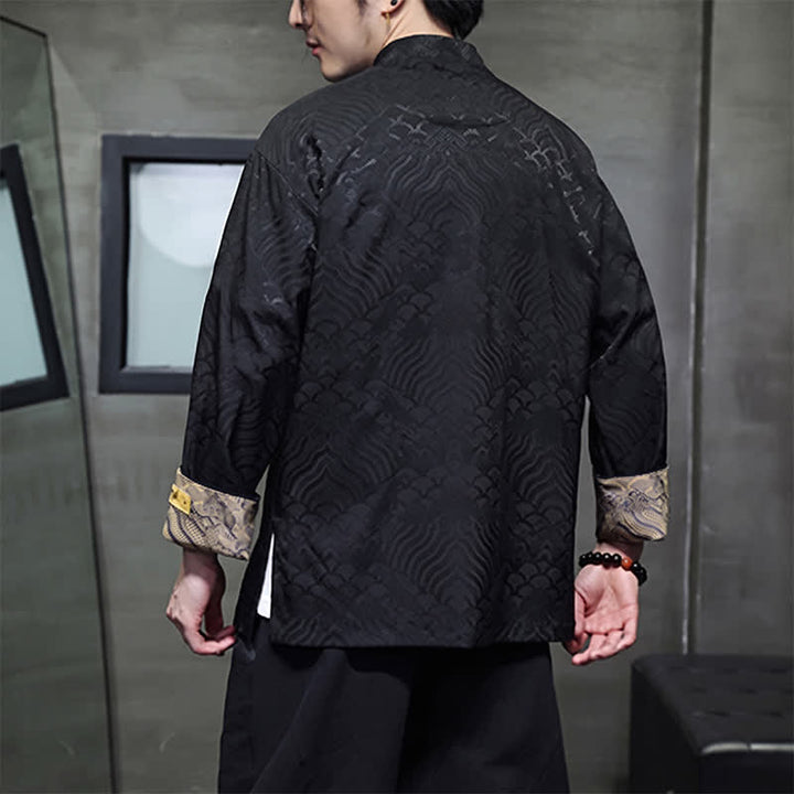 Buddha Stones Veste homme élégante style Tang automne-hiver, col mandarin, motif vague abstrait, boutons brandebourg, poches - image 14