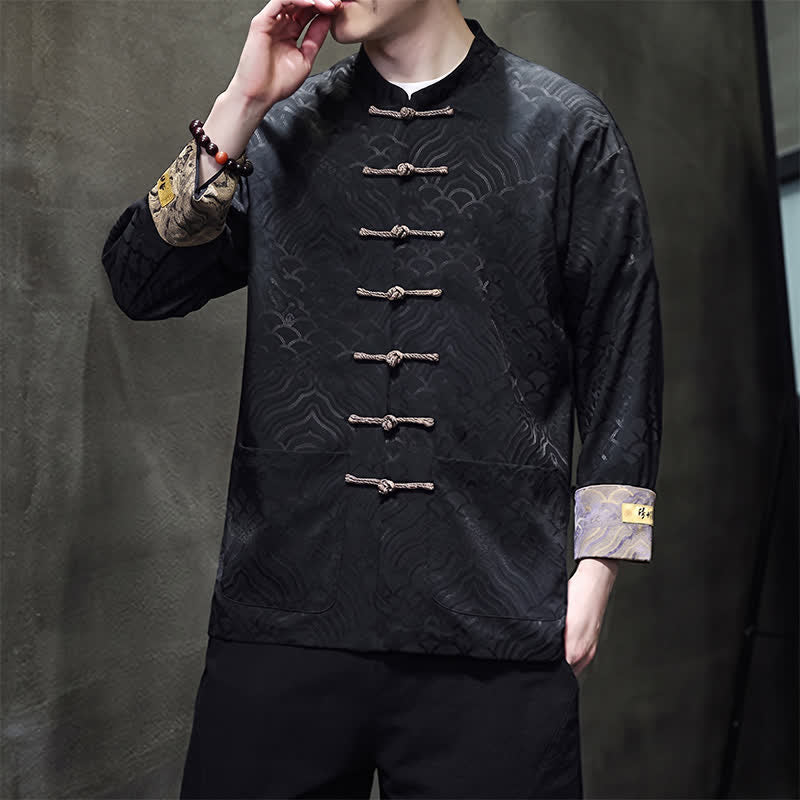 Buddha Stones Veste homme élégante style Tang automne-hiver, col mandarin, motif vague abstrait, boutons brandebourg, poches - image 15