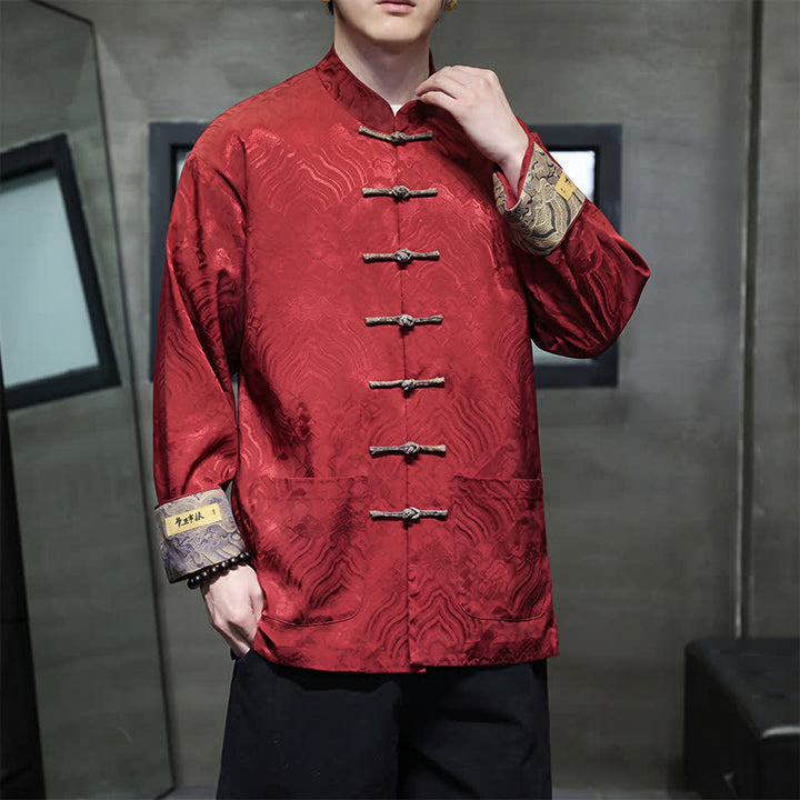Buddha Stones Veste homme élégante style Tang automne-hiver, col mandarin, motif vague abstrait, boutons brandebourg, poches - image 9