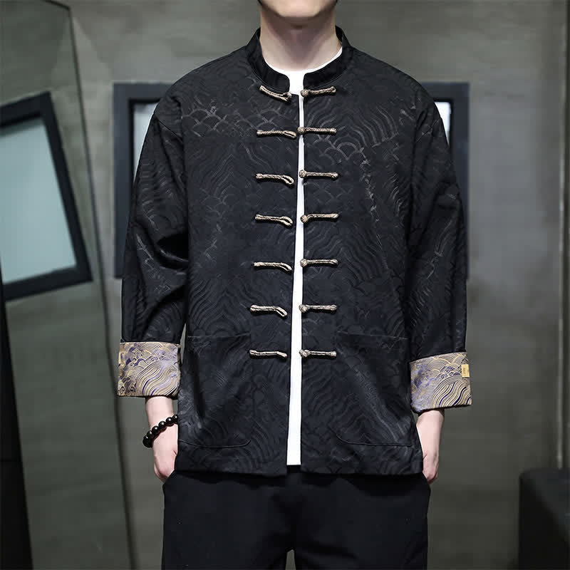 Buddha Stones Veste homme élégante style Tang automne-hiver, col mandarin, motif vague abstrait, boutons brandebourg, poches - Noir - US/UK/AU46，EU56 (5XL) - image 10