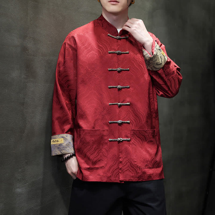 Buddha Stones Veste homme élégante style Tang automne-hiver, col mandarin, motif vague abstrait, boutons brandebourg, poches - Cramoisi - US/UK/AU46，EU56 (5XL) - image 0