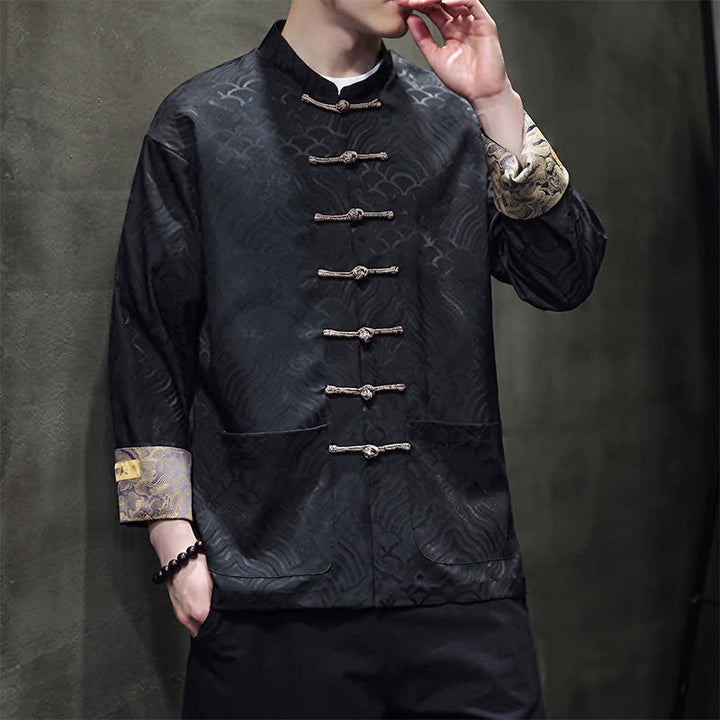 Buddha Stones Veste homme élégante style Tang automne-hiver, col mandarin, motif vague abstrait, boutons brandebourg, poches - image 12