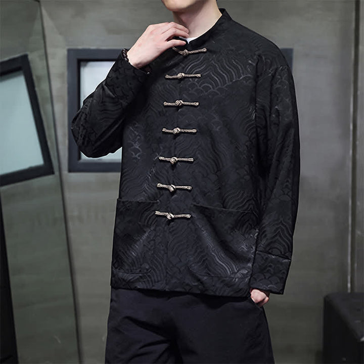 Buddha Stones Veste homme élégante style Tang automne-hiver, col mandarin, motif vague abstrait, boutons brandebourg, poches - image 18