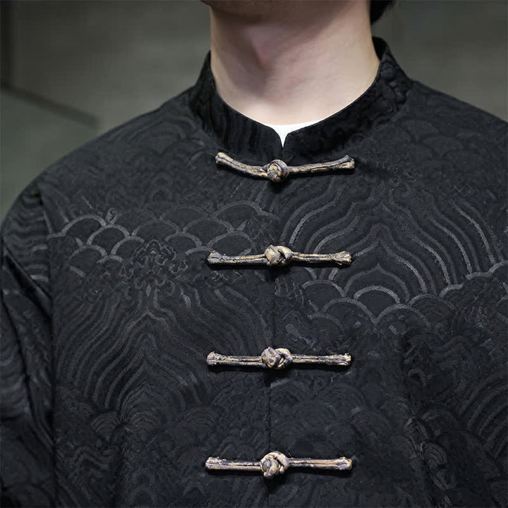 Buddha Stones Veste homme élégante style Tang automne-hiver, col mandarin, motif vague abstrait, boutons brandebourg, poches - image 20