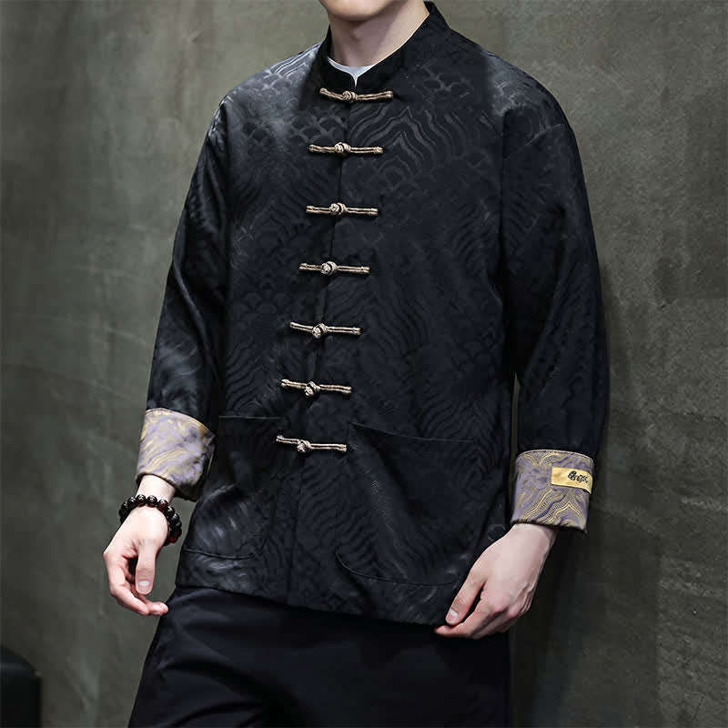 Buddha Stones Veste homme élégante style Tang automne-hiver, col mandarin, motif vague abstrait, boutons brandebourg, poches - image 19