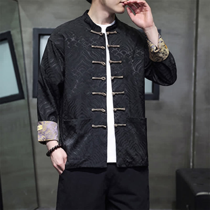 Buddha Stones Veste homme élégante style Tang automne-hiver, col mandarin, motif vague abstrait, boutons brandebourg, poches - image 11