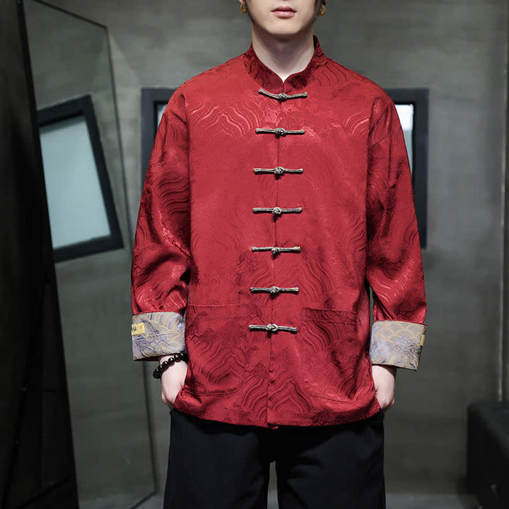 Buddha Stones Veste homme élégante style Tang automne-hiver, col mandarin, motif vague abstrait, boutons brandebourg, poches - image 3