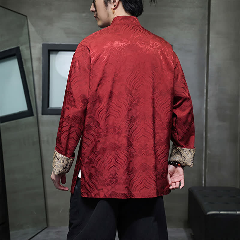 Buddha Stones Veste homme élégante style Tang automne-hiver, col mandarin, motif vague abstrait, boutons brandebourg, poches - image 4