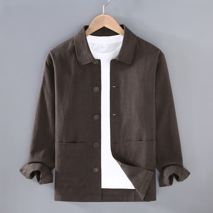 Buddha Stones Veste homme en ramie unie, style minimaliste, décontractée, avec poches, à boutons, idéale pour l'automne. - SaddleBrown - US/UK/AU42，EU52 (3XL) - image 0