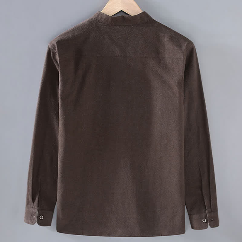 Buddha Stones Veste homme en ramie unie, style minimaliste, décontractée, avec poches, à boutons, idéale pour l'automne. - image 1