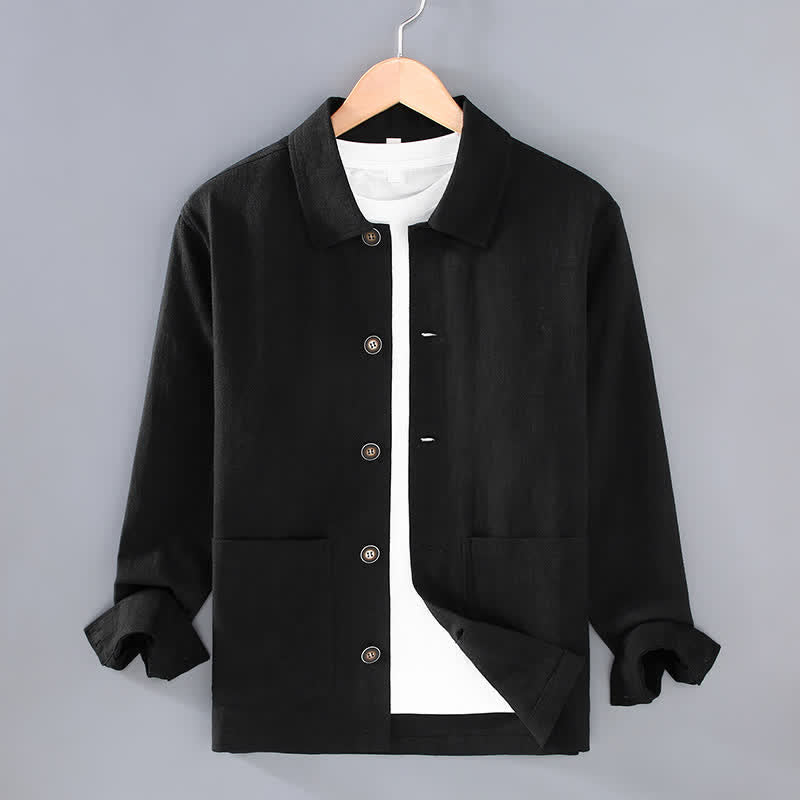 Buddha Stones Veste homme en ramie unie, style minimaliste, décontractée, avec poches, à boutons, idéale pour l'automne. - Noir - US/UK/AU42，EU52 (3XL) - image 12