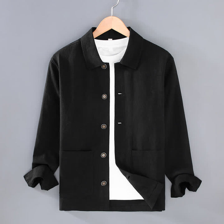 Buddha Stones Veste homme en ramie unie, style minimaliste, décontractée, avec poches, à boutons, idéale pour l'automne. - Noir - US/UK/AU42，EU52 (3XL) - image 12