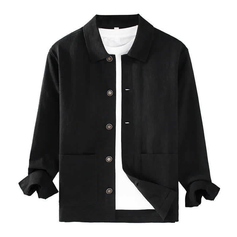 Buddha Stones Veste homme en ramie unie, style minimaliste, décontractée, avec poches, à boutons, idéale pour l'automne. - image 13