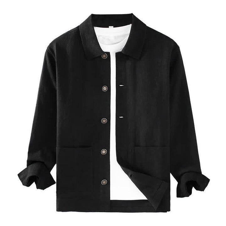 Buddha Stones Veste homme en ramie unie, style minimaliste, décontractée, avec poches, à boutons, idéale pour l'automne. - image 13