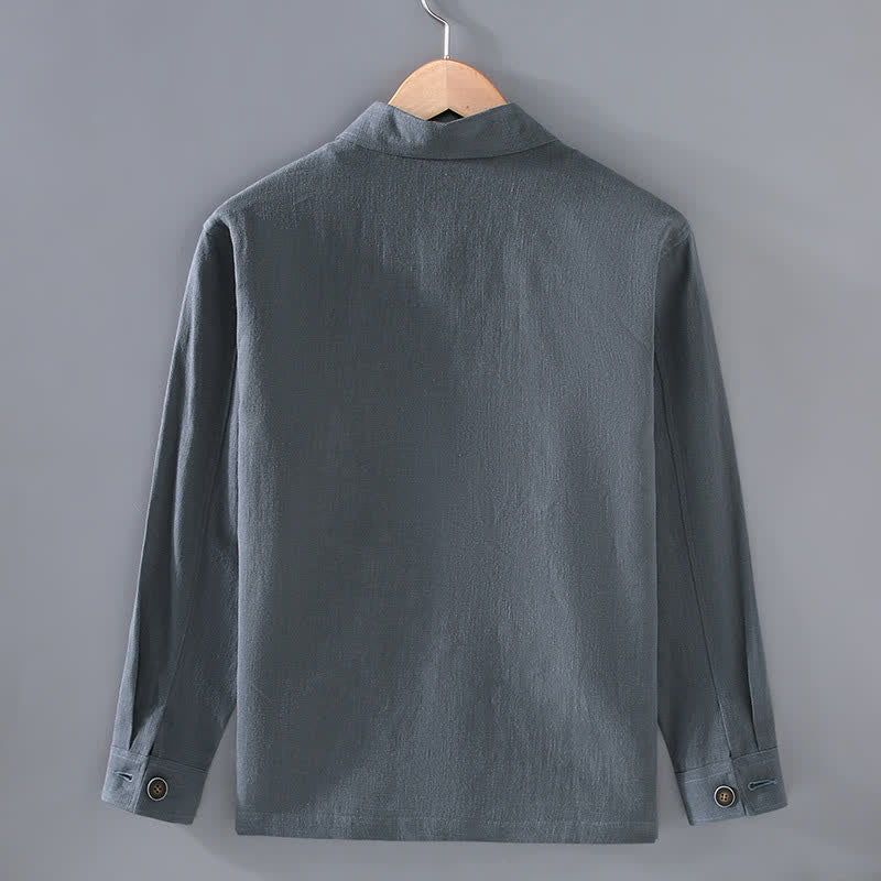 Buddha Stones Veste homme en ramie unie, style minimaliste, décontractée, avec poches, à boutons, idéale pour l'automne. - image 3