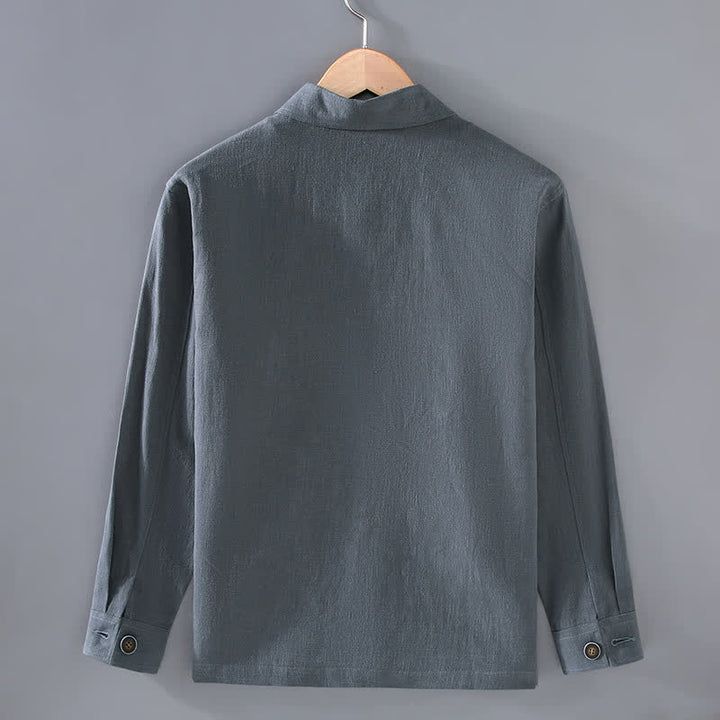 Buddha Stones Veste homme en ramie unie, style minimaliste, décontractée, avec poches, à boutons, idéale pour l'automne. - image 3