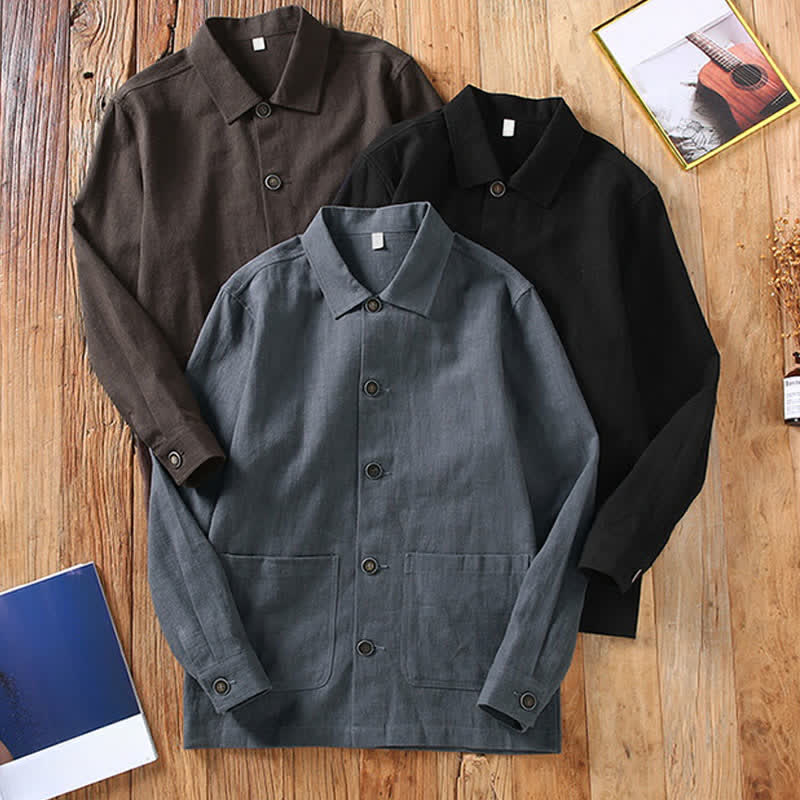 Buddha Stones Veste homme en ramie unie, style minimaliste, décontractée, avec poches, à boutons, idéale pour l'automne. - image 14