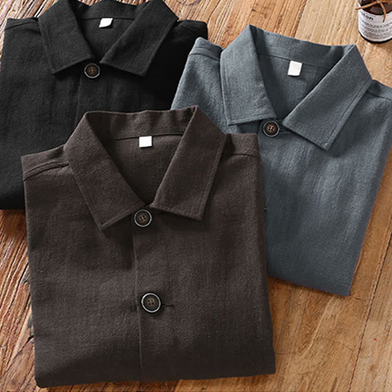 Buddha Stones Veste homme en ramie unie, style minimaliste, décontractée, avec poches, à boutons, idéale pour l'automne. - image 15