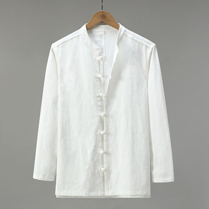 Buddha Stones Chemises à manches longues pour hommes, style Tang, à boutons grenouille, unies, décontractées et printanières - Blanc - US/UK/AU42，EU52 (3XL) - image 14