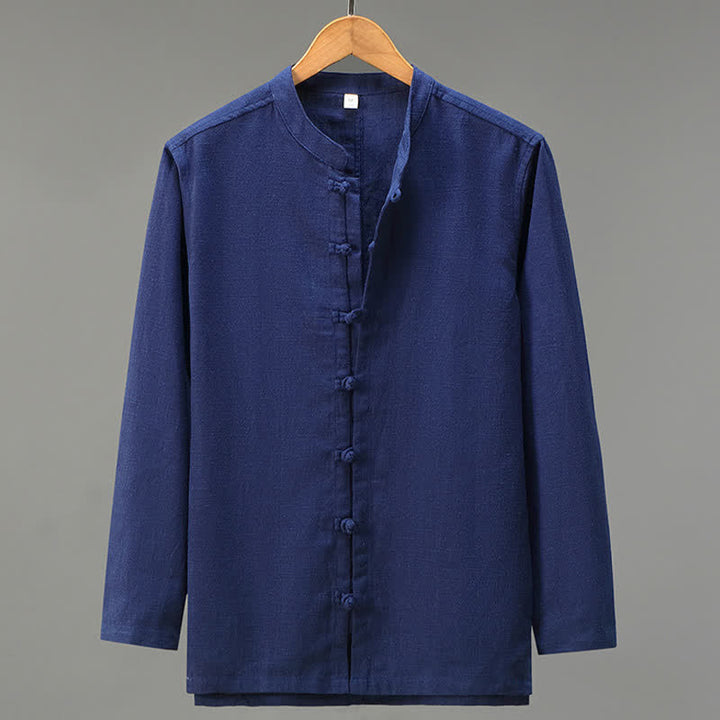 Buddha Stones Chemises à manches longues pour hommes, style Tang, à boutons grenouille, unies, décontractées et printanières - Marine - US/UK/AU42，EU52 (3XL) - image 13