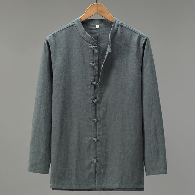 Buddha Stones Chemises à manches longues pour hommes, style Tang, à boutons grenouille, unies, décontractées et printanières - Gris sombre - US/UK/AU42，EU52 (3XL) - image 12