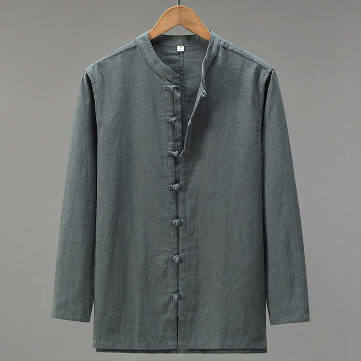 Buddha Stones Chemises à manches longues pour hommes, style Tang, à boutons grenouille, unies, décontractées et printanières - Gris sombre - US/UK/AU42，EU52 (3XL) - image 12