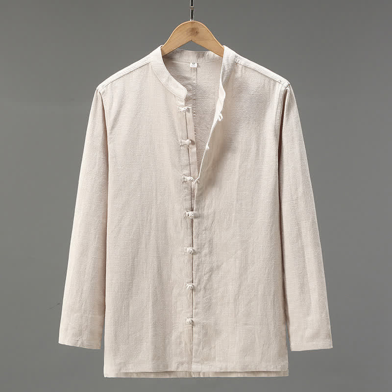 Buddha Stones Chemises à manches longues pour hommes, style Tang, à boutons grenouille, unies, décontractées et printanières - Beige - US/UK/AU42，EU52 (3XL) - image 0