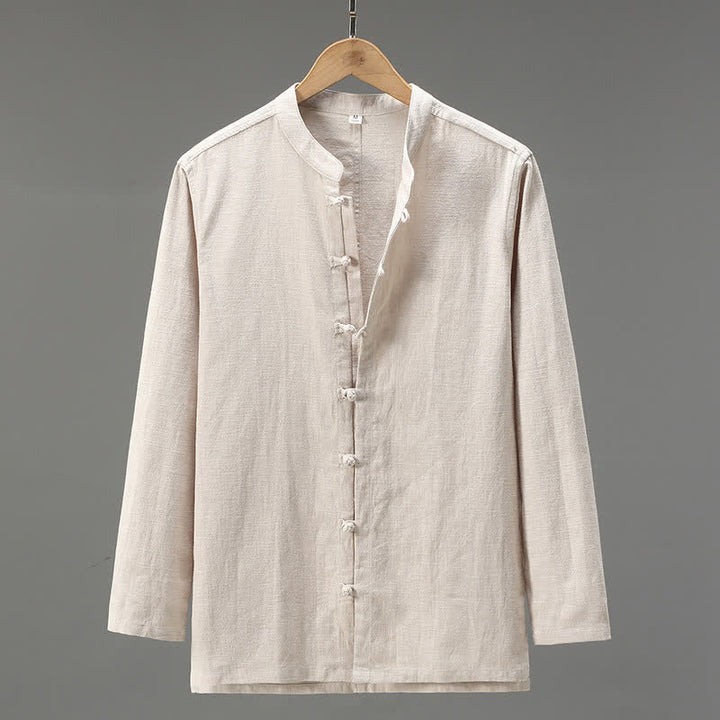 Buddha Stones Chemises à manches longues pour hommes, style Tang, à boutons grenouille, unies, décontractées et printanières - Beige - US/UK/AU42，EU52 (3XL) - image 0