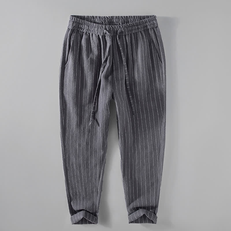 Buddha Stones Pantalon court rayé à cordon de serrage, coupe fuselée, avec poches, idéal pour le printemps et l'été. - Gris terne - US/UK/AU42，EU52 (3XL) - image 0