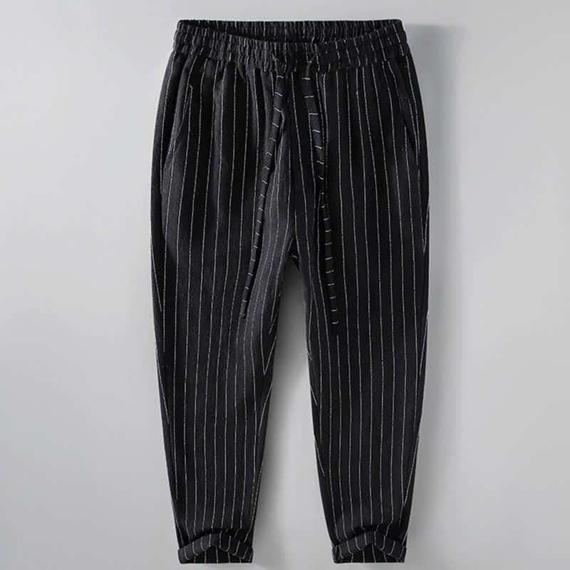 Buddha Stones Pantalon court rayé à cordon de serrage, coupe fuselée, avec poches, idéal pour le printemps et l'été. - Noir - US/UK/AU42，EU52 (3XL) - image 1