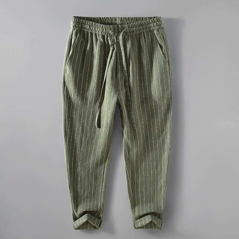 Buddha Stones Pantalon court rayé à cordon de serrage, coupe fuselée, avec poches, idéal pour le printemps et l'été. - Vert olive - US/UK/AU42，EU52 (3XL) - image 11