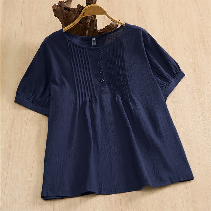 Buddha Stones Chemises d'été minimalistes décontractées à boutons en coton uni à manches courtes pour femmes - Bleu nuit - US16, UK/AU20, EU48 (5XL) - image 0