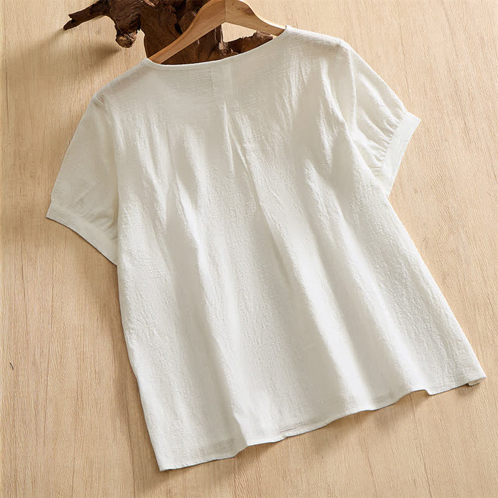 Buddha Stones Chemises d'été minimalistes décontractées à boutons en coton uni à manches courtes pour femmes - image 25