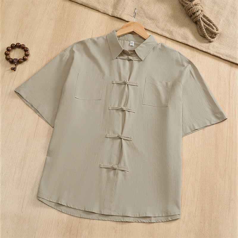 Buddha Stones Chemises d'été décontractées pour hommes, style Tang, à manches courtes, boutonnées et poches plaquées. - Beige - US/UK/AU46, EU56 (5XL) - image 24