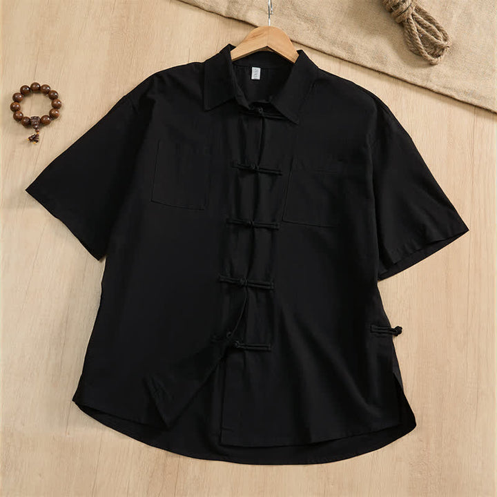 Buddha Stones Chemises d'été décontractées pour hommes, style Tang, à manches courtes, boutonnées et poches plaquées. - Noir - US/UK/AU46, EU56 (5XL) - image 17