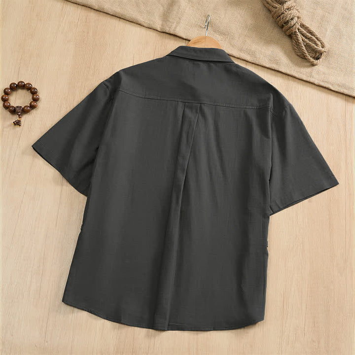 Buddha Stones Chemises d'été décontractées pour hommes, style Tang, à manches courtes, boutonnées et poches plaquées. - image 1