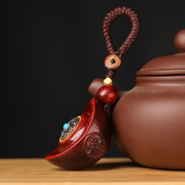 Buddha Stones Porte-clés de sagesse en bois de santal rouge Om Mani Padme Hum Yuanbao - image 3