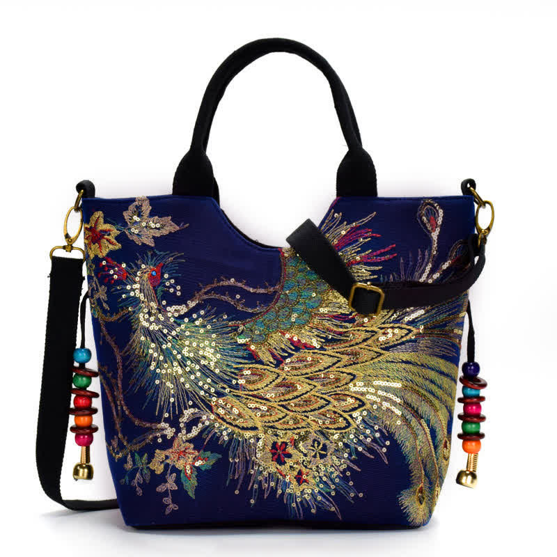Sac cabas brodé double face avec motif de paon et Buddha Stones, sac bandoulière - Paon bleu foncé - Sac bandoulière/Sac fourre-tout - image 0