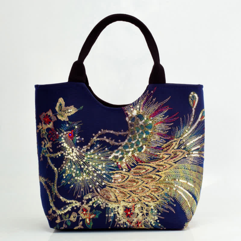 Sac cabas brodé double face avec motif de paon et Buddha Stones, sac bandoulière - Paon bleu foncé - Sac fourre-tout simple - image 4