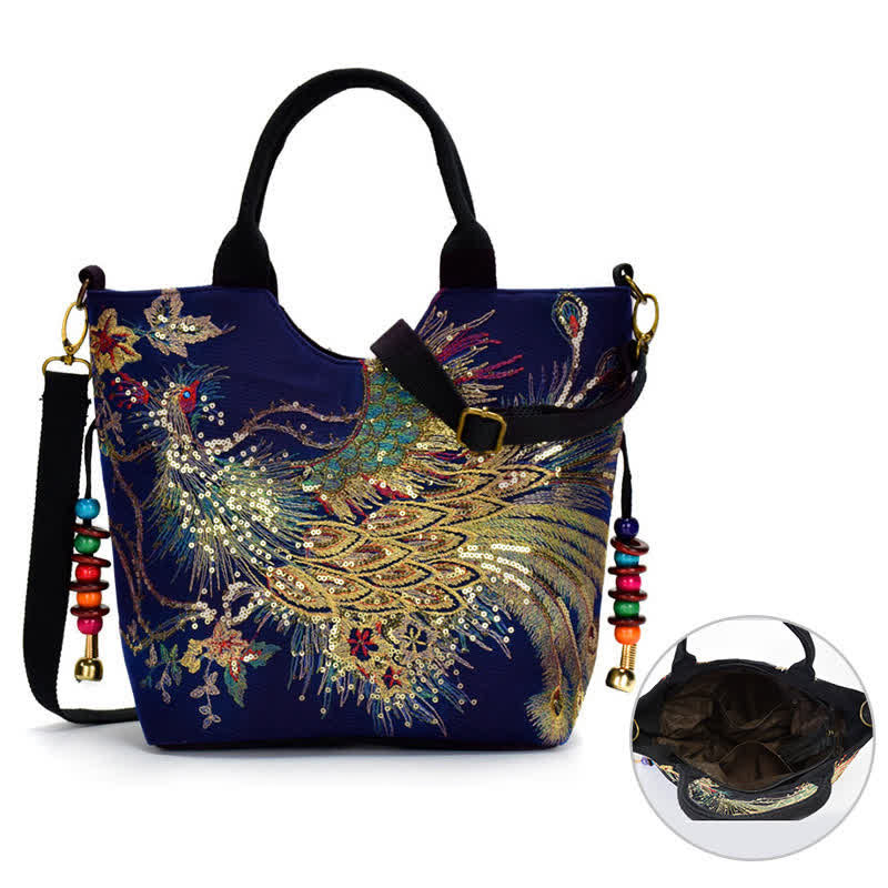 Sac cabas brodé double face avec motif de paon et Buddha Stones, sac bandoulière - image 1